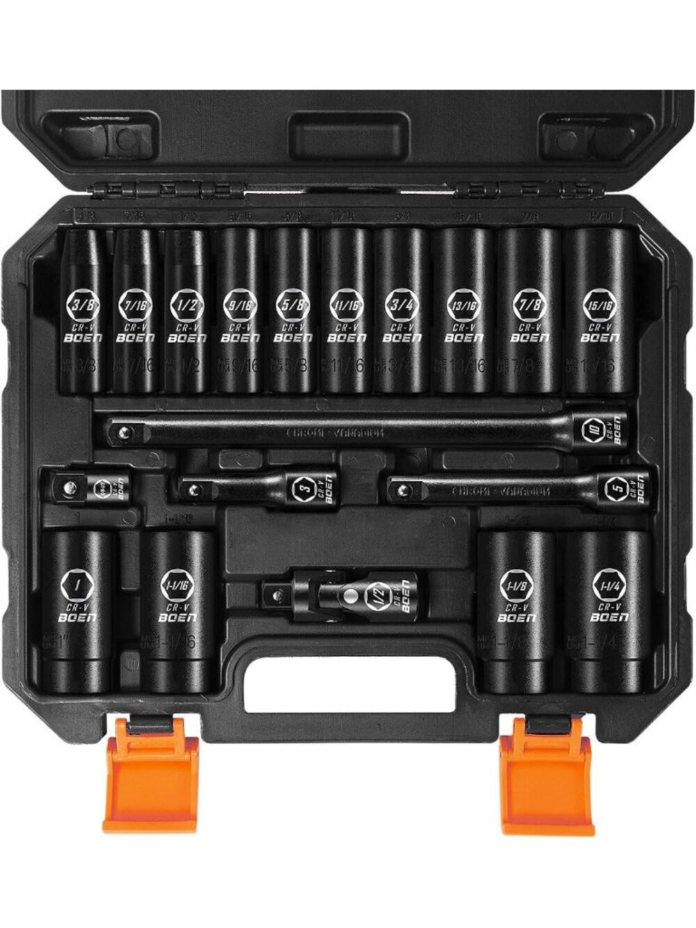 19-Piece Deep Impact Socket Set 1/2" Drive, SAE, Cr-V Steel, Extensions